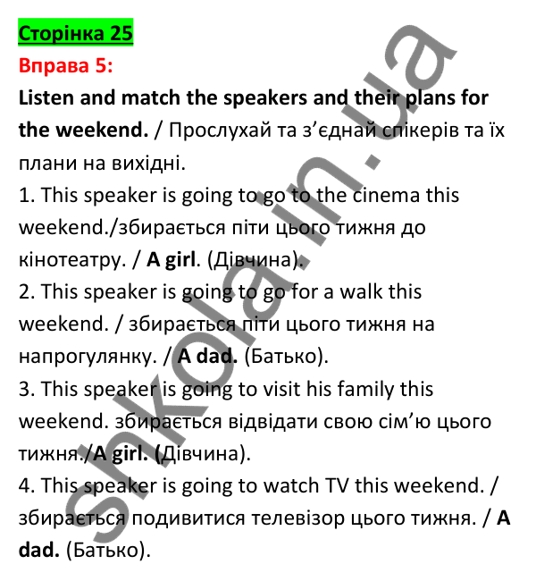Відповідь до вправи 5, сторінка 25 - ГДЗ Англійська мова 5 клас Задорожна 2022