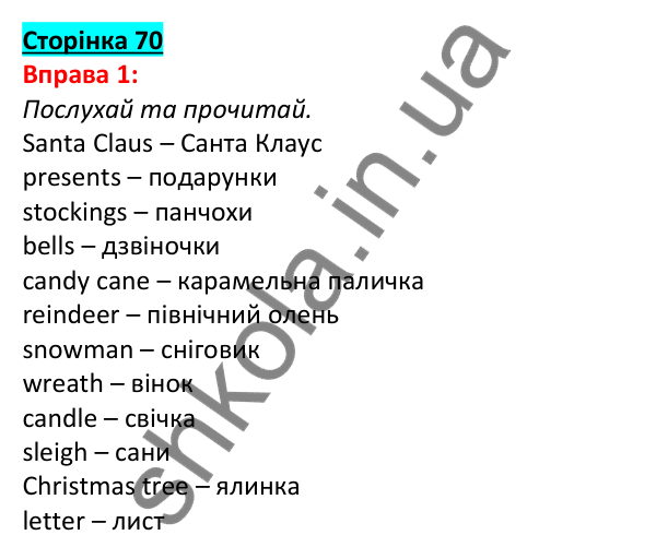 Відповідь до вправи 1, сторінка 70 - ГДЗ Англійська мова 5 клас Задорожна 2022
