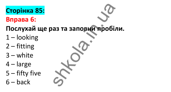 Відповідь до вправи 6, сторінка 85 - ГДЗ Англійська мова 5 клас Задорожна 2022