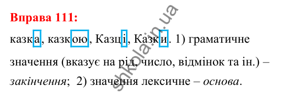 Відповідь до вправи 111 з української мови для 5 класу (Глазова, 2022): Основа слова і закінчення