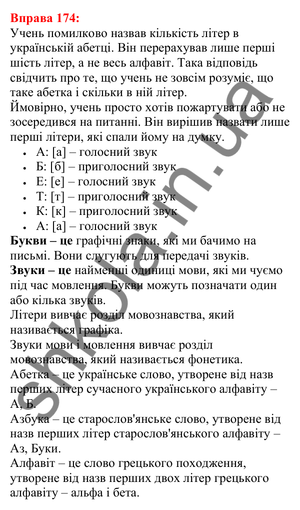 Відповідь до вправи 174 з української мови для 5 класу (Глазова, 2022): Позначення звуків мовлення на письмі. Алфавіт