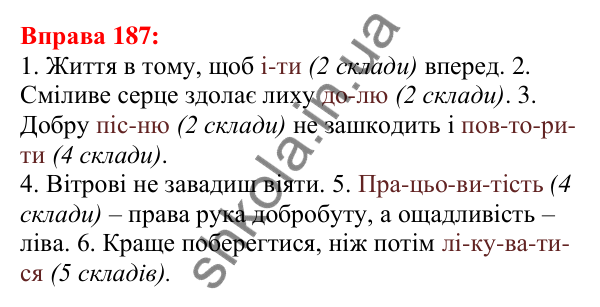 Відповідь до вправи 187 з української мови для 5 класу (Глазова, 2022): Склад. Основні правила переносу