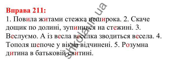 Відповідь до вправи 211 з української мови для 5 класу (Глазова, 2022): Вимова голосних. Ненаголошені [е], [и] в коренях