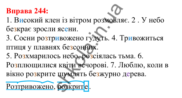 Відповідь до вправи 244 з української мови для 5 класу (Глазова, 2022): Правопис префіксів з- (зі-, с-), роз-, без-
