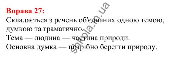 Відповідь до вправи 27 з української мови для 5 класу (Глазова, 2022): Текст. Речення. Слово