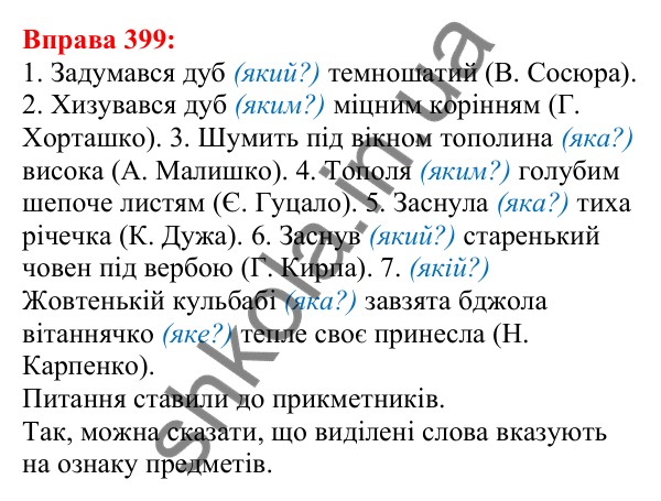 Відповідь до вправи 399 з української мови для 5 класу (Глазова, 2022): Другорядні члени речення