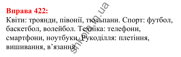Відповідь до вправи 422 з української мови для 5 класу (Глазова, 2022): Узагальнювальне слово при однорідних членах