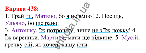 Відповідь до вправи 438 з української мови для 5 класу (Глазова, 2022): Звертання