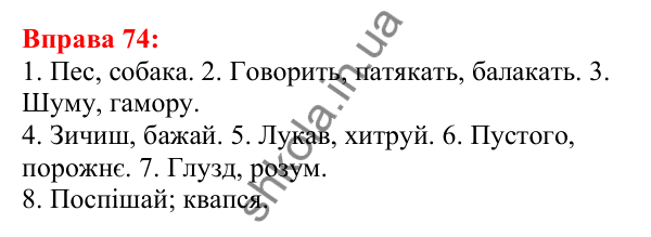 Відповідь до вправи 74 з української мови для 5 класу (Глазова, 2022): Синоніми. Синонімічний ряд