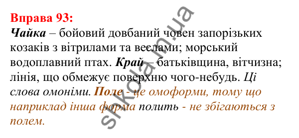 Відповідь до вправи 93 з української мови для 5 класу (Глазова, 2022): Омоніми