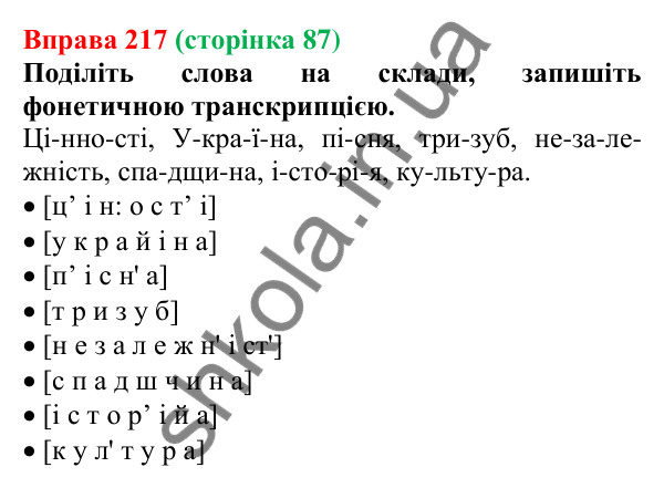 Відповідь до вправи 217, сторінка 87 - ГДЗ Українська мова 5 клас Голуб 2022