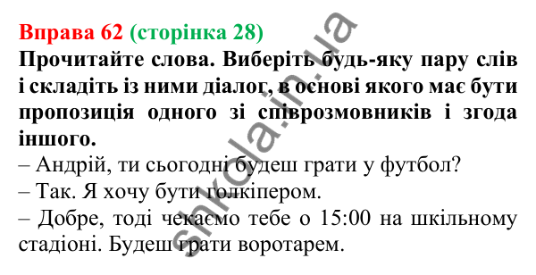Відповідь до вправи 62, сторінка 28 - ГДЗ Українська мова 5 клас Голуб 2022