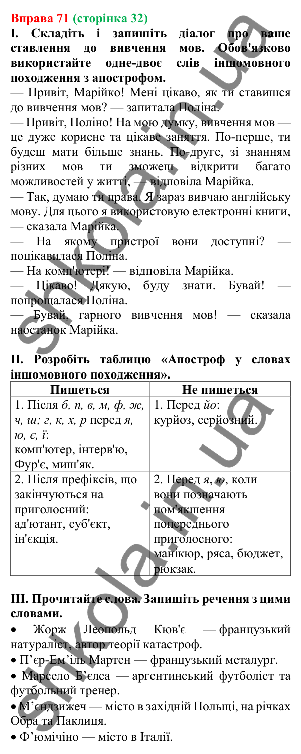 Відповідь до вправи 71, сторінка 32 - ГДЗ Українська мова 5 клас Голуб 2022