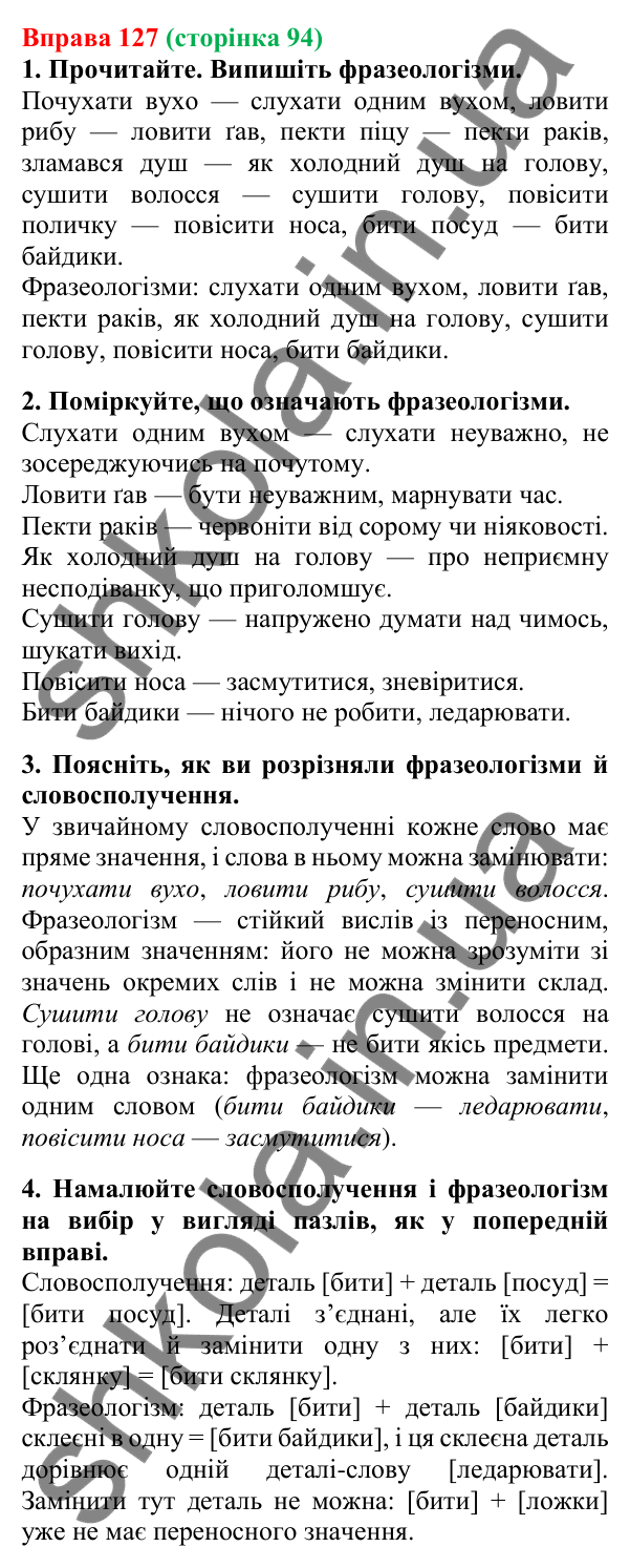 Відповідь до вправи 127, сторінка 94 - ГДЗ Українська мова 5 клас Літвінова 2022