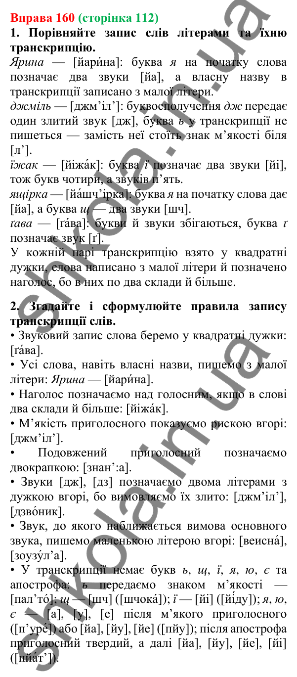 Відповідь до вправи 160, сторінка 112 - ГДЗ Українська мова 5 клас Літвінова 2022