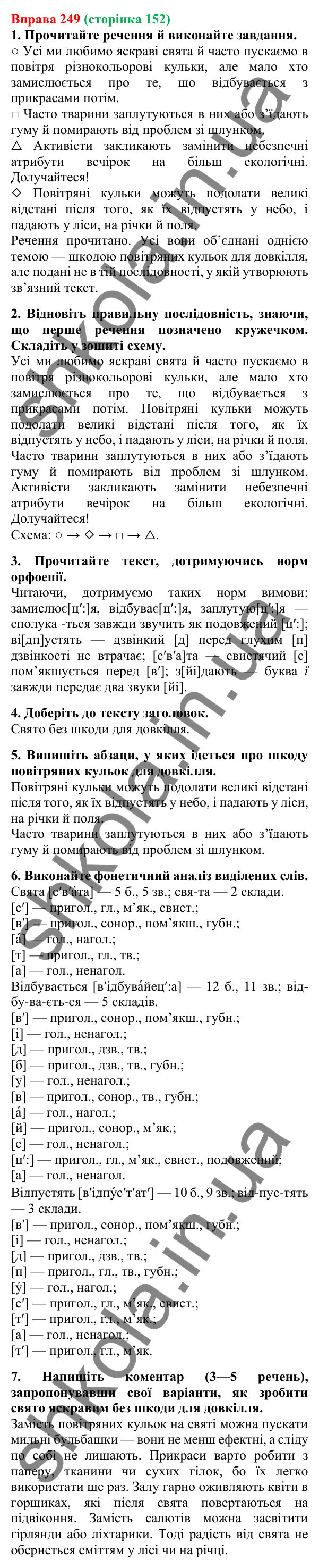 Відповідь до вправи 249, сторінка 152 - ГДЗ Українська мова 5 клас Літвінова 2022