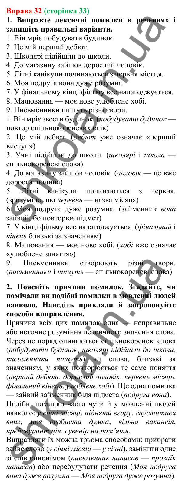 Відповідь до вправи 32, сторінка 33 - ГДЗ Українська мова 5 клас Літвінова 2022