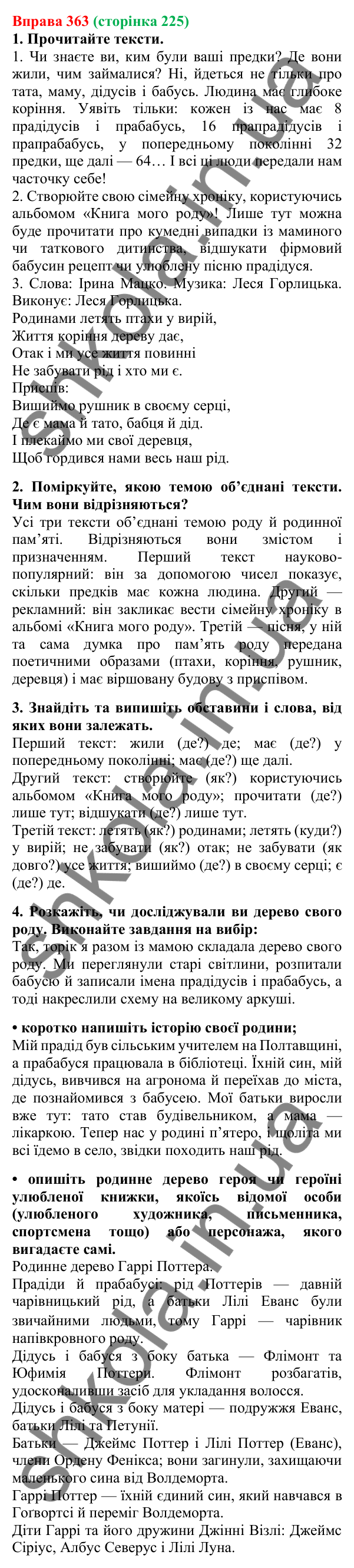 Відповідь до вправи 363, сторінка 225 - ГДЗ Українська мова 5 клас Літвінова 2022