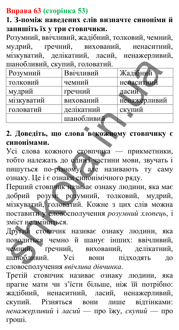 Відповідь до вправи 63, сторінка 53 - ГДЗ Українська мова 5 клас Літвінова 2022