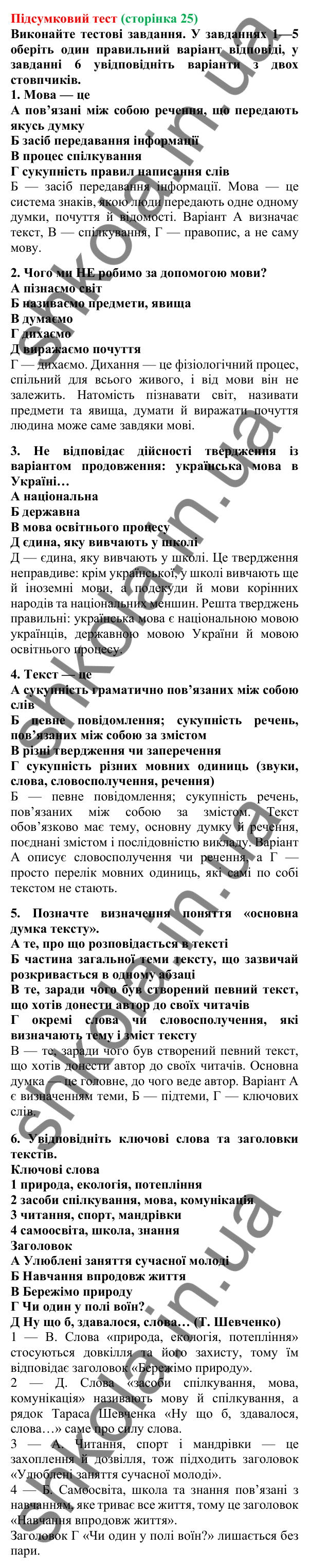 Підсумковий тест (сторінка 25) - ГДЗ Українська мова 5 клас Літвінова 2022