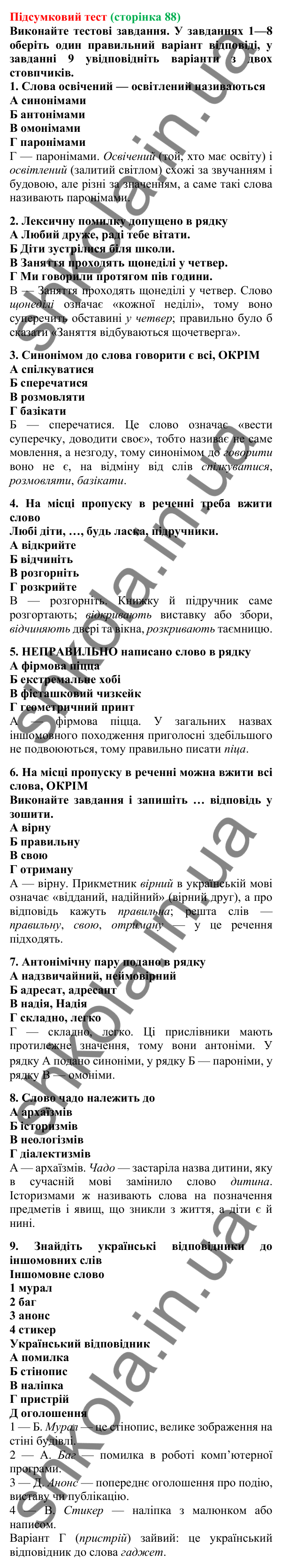 Підсумковий тест (сторінка 88) - ГДЗ Українська мова 5 клас Літвінова 2022