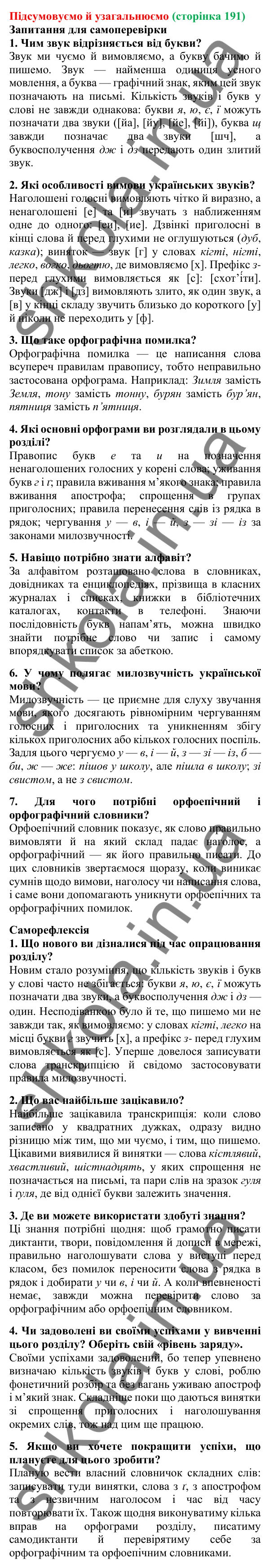 Підсумовуємо й узагальнюємо (сторінка 191) - ГДЗ Українська мова 5 клас Літвінова 2022
