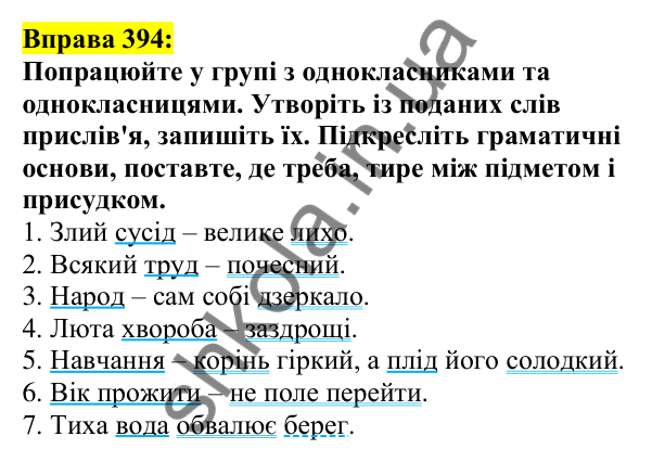 Відповідь до вправи 394, сторінка 190 - ГДЗ Українська мова 5 клас Ворон 2022
