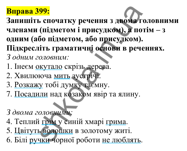 Відповідь до вправи 399, сторінка 192 - ГДЗ Українська мова 5 клас Ворон 2022