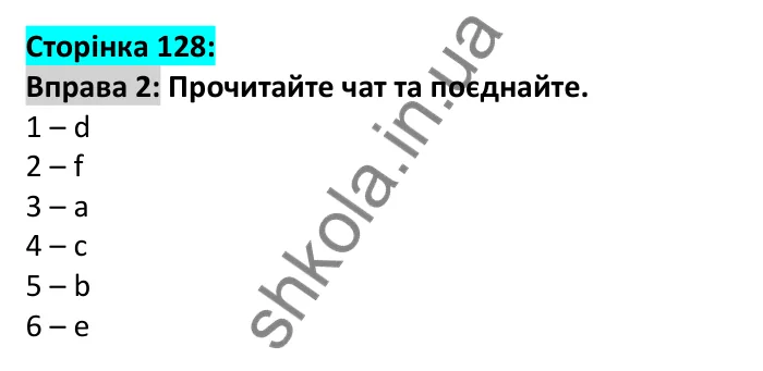 Відповідь до вправи 2, сторінка 128 - ГДЗ Англійська мова 6 клас Карпюк 2023