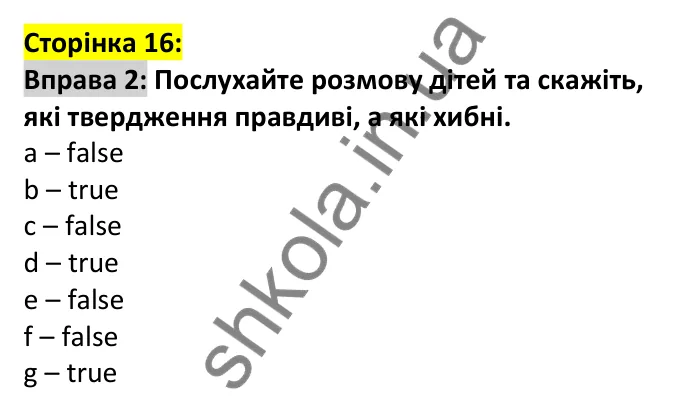 Відповідь до вправи 2, сторінка 16 - ГДЗ Англійська мова 6 клас Карпюк 2023