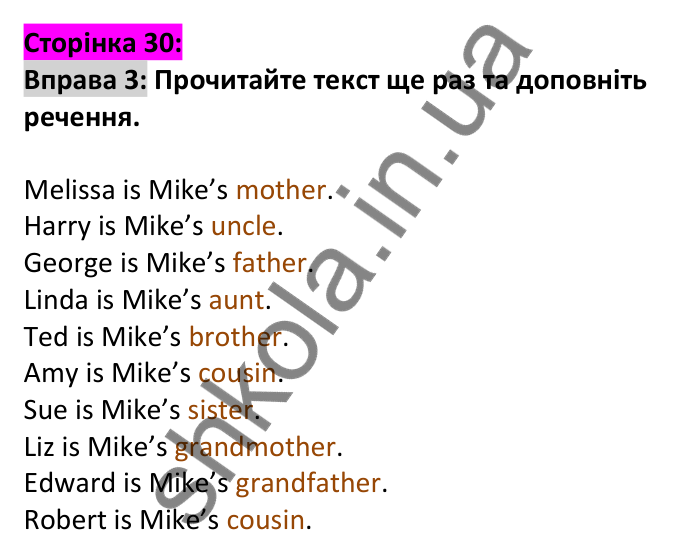 Відповідь до вправи 3, сторінка 30 - ГДЗ Англійська мова 6 клас Карпюк 2023