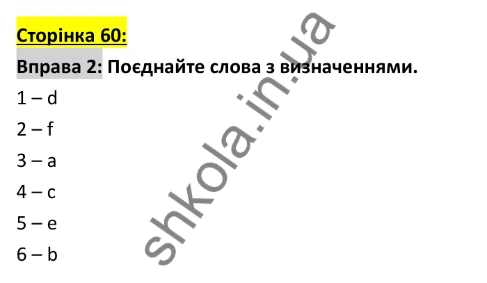 Відповідь до вправи 2 (словник), сторінка 60 - ГДЗ Робочий зошит Англійська мова 6 клас Коста (Куки) 2023