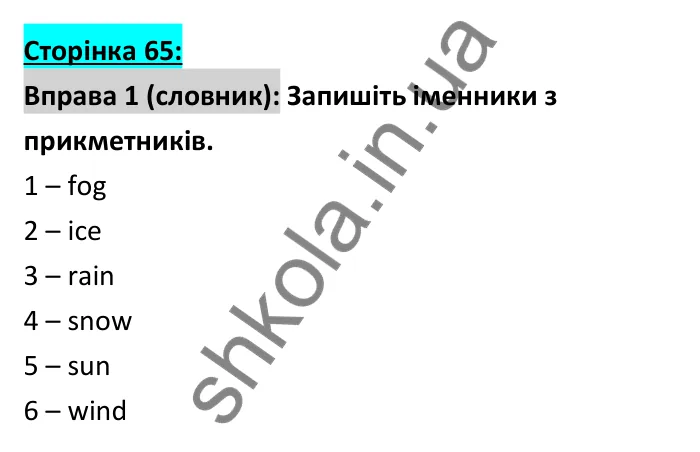 Відповідь до вправи 1 (словник), сторінка 65 - ГДЗ Робочий зошит Англійська мова 6 клас Коста (Куки) 2023