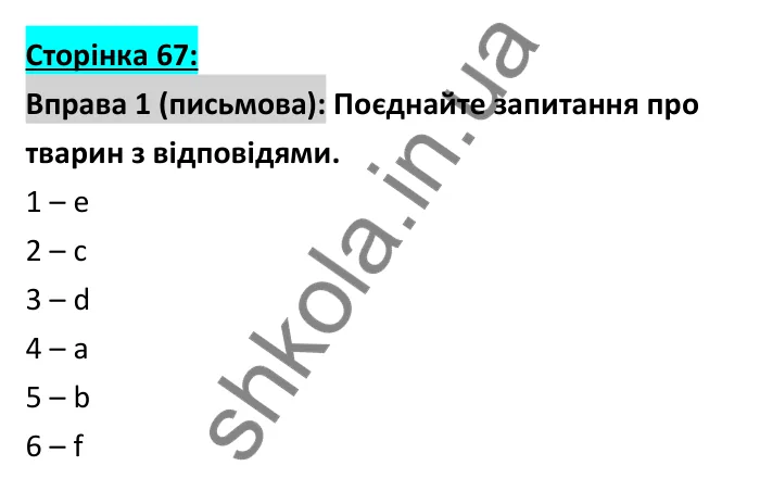 Відповідь до вправи 1 (письмо), сторінка 67 - ГДЗ Робочий зошит Англійська мова 6 клас Коста (Куки) 2023