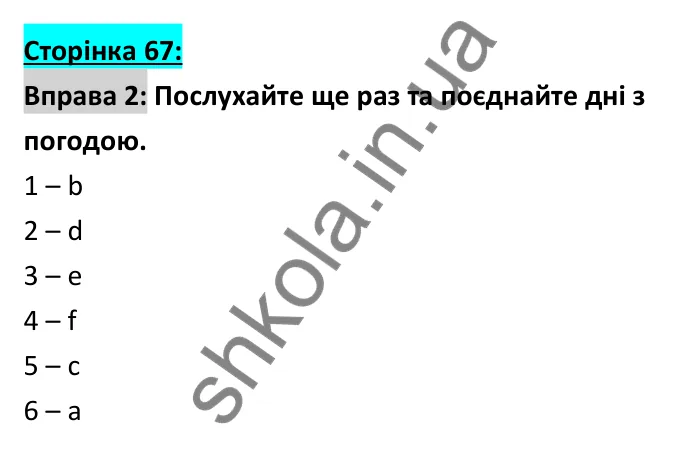 Відповідь до вправи 2 (аудіювання), сторінка 67 - ГДЗ Робочий зошит Англійська мова 6 клас Коста (Куки) 2023