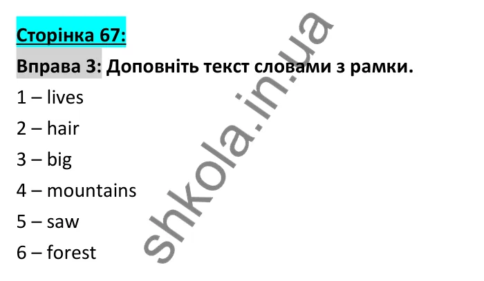 Відповідь до вправи 3 (письмо), сторінка 67 - ГДЗ Робочий зошит Англійська мова 6 клас Коста (Куки) 2023