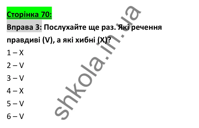 Відповідь до вправи 3 (аудіювання), сторінка 70 - ГДЗ Робочий зошит Англійська мова 6 клас Коста (Куки) 2023