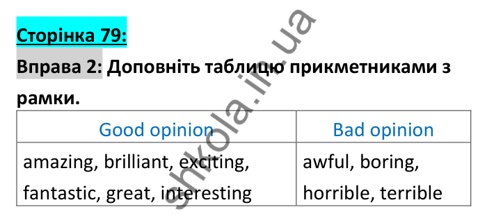 Відповідь до вправи 2 (письмо), сторінка 79 - ГДЗ Робочий зошит Англійська мова 6 клас Коста (Куки) 2023