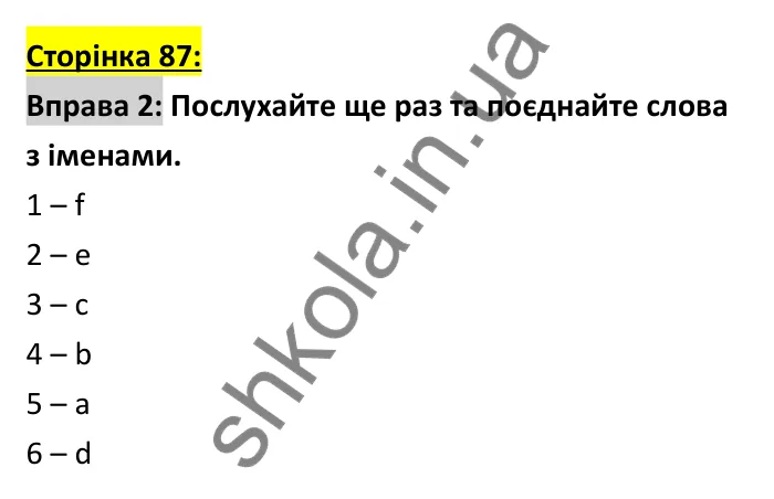 Відповідь до вправи 2 (аудіювання), сторінка 87 - ГДЗ Робочий зошит Англійська мова 6 клас Коста (Куки) 2023