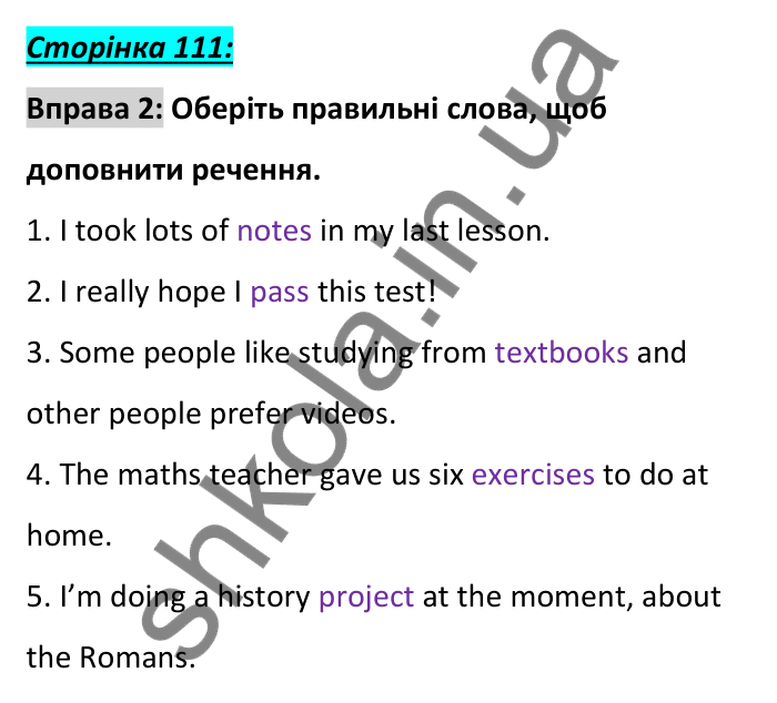 Сторінка 111, вправа 2 (словник) Відповідь до вправи 2, сторінка 111 (словник) - ГДЗ Англійська мова 6 клас Коста 2023