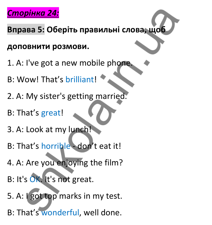Відповідь до вправи 5, сторінка 24 - ГДЗ Англійська мова 6 клас Коста 2023