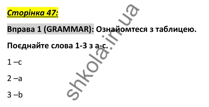Сторінка 47, вправа 1 (граматика) Відповідь до вправи 1, сторінка 47 (граматика) - ГДЗ Англійська мова 6 клас Коста 2023