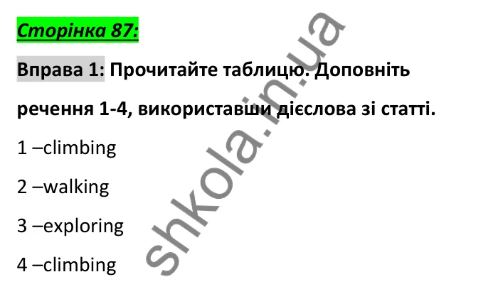 Сторінка 87, вправа 1 Відповідь до вправи 1, сторінка 87 - ГДЗ Англійська мова 6 клас Коста 2023