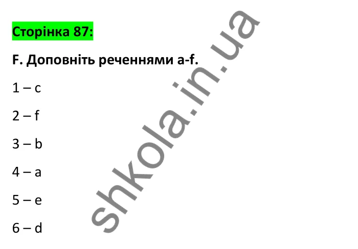 Відповідь до вправи F, сторінка 87 - ГДЗ Робочий зошит Англійська мова 6 клас Мітчелл 2023