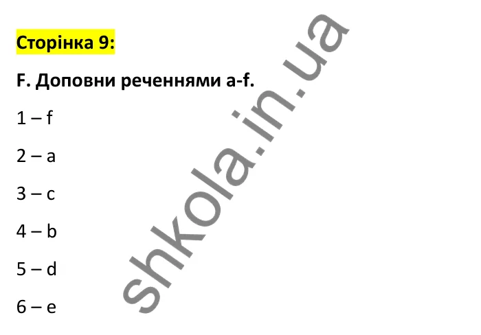 Відповідь до вправи F, сторінка 9 - ГДЗ Робочий зошит Англійська мова 6 клас Мітчелл 2023