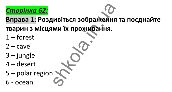 Відповідь до вправи 1, сторінка 62 - ГДЗ Англійська мова 6 клас Мітчелл 2023