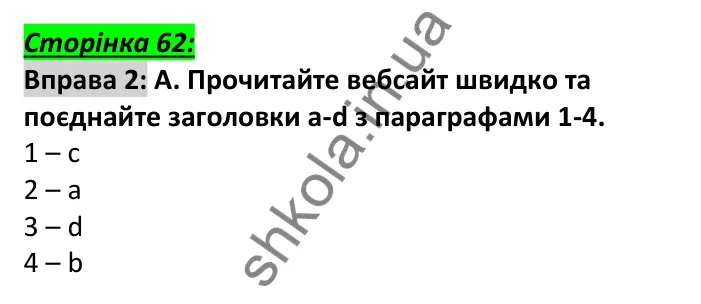 Відповідь до вправи 2, сторінка 62 - ГДЗ Англійська мова 6 клас Мітчелл 2023