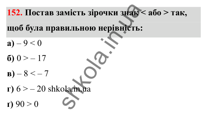 Відповідь до завдання 152 (с. 42) з математики для 6 класу (Бевз, 2023): Порівняння цілих чисел