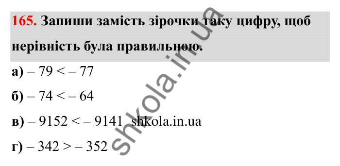 Відповідь до завдання 165 (с. 43) з математики для 6 класу (Бевз, 2023): Порівняння цілих чисел