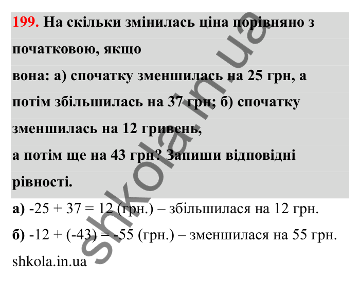 Відповідь до завдання 199 (с. 48) з математики для 6 класу (Бевз, 2023): Додавання цілих чисел. Закони додавання